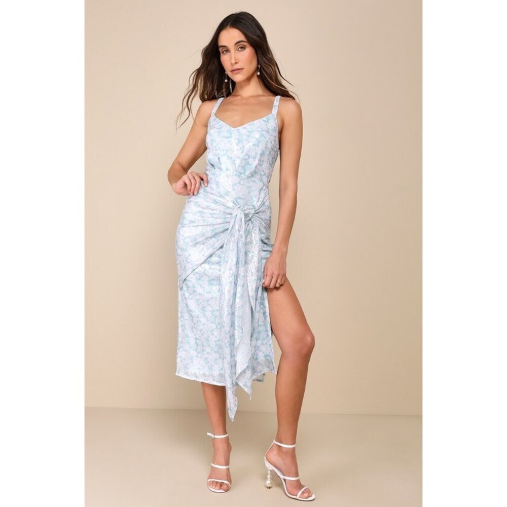 Lulus Glistening Beauty Light Blue Floral Sequin Tie-front Midi Dress - Size XL